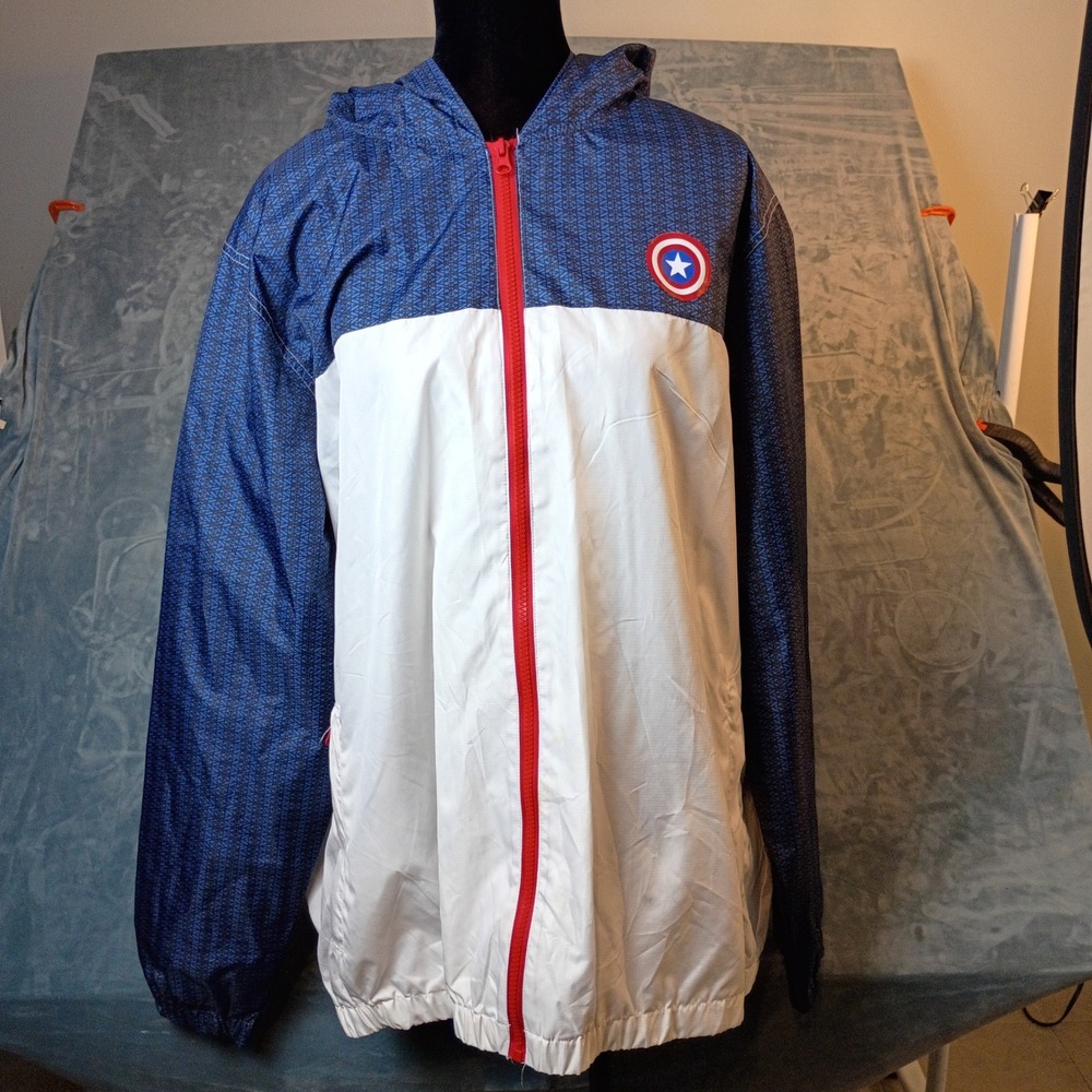 Marvel Captain America Windbreaker Jacket Mens XL Blue White Red Full Zip Hooded